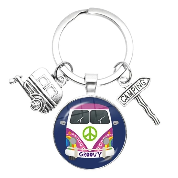None Accessories - Keychain Retro Van Peace Sign Groovy Magenta